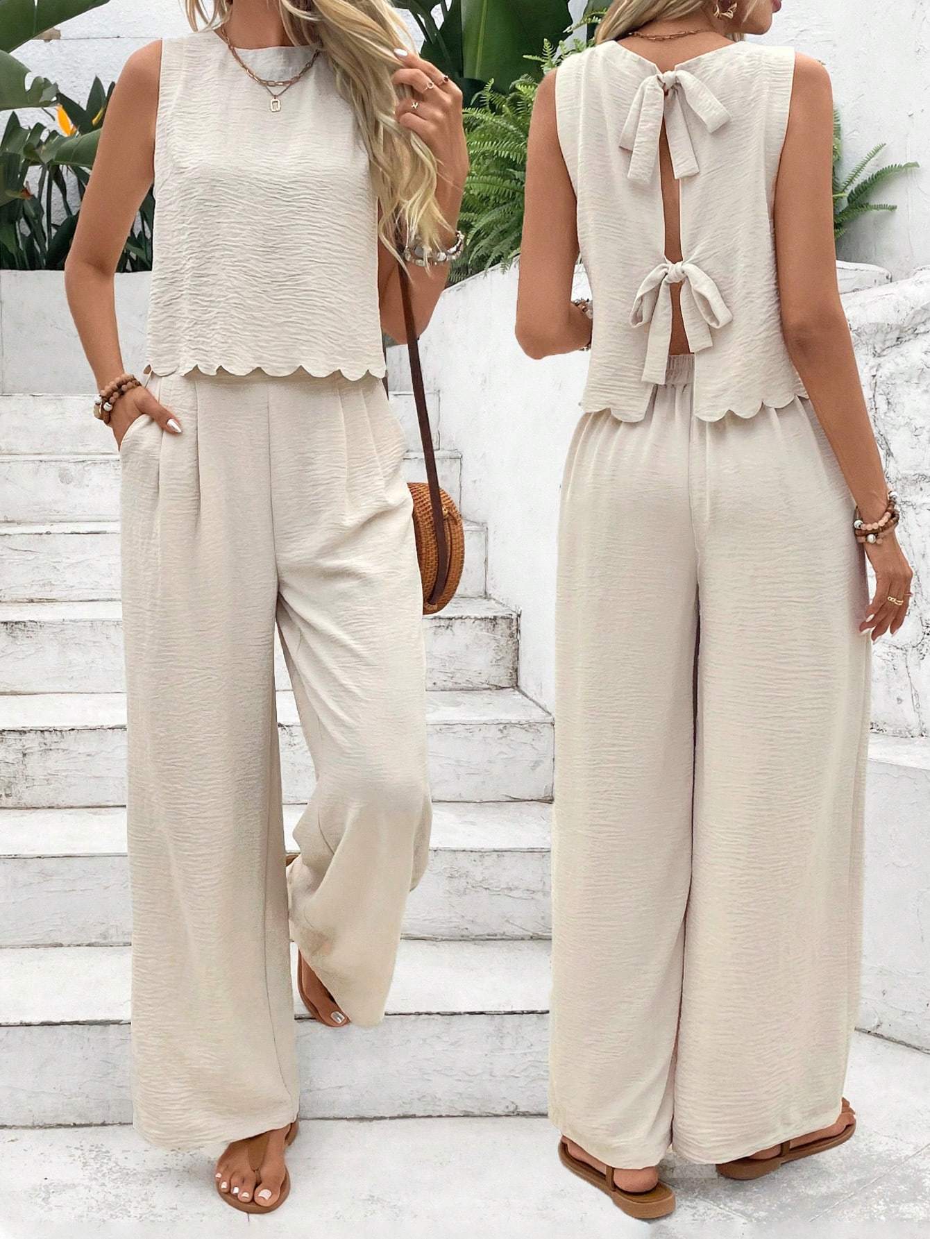 Summer Linen Tie-Up Two-Piece Outfit