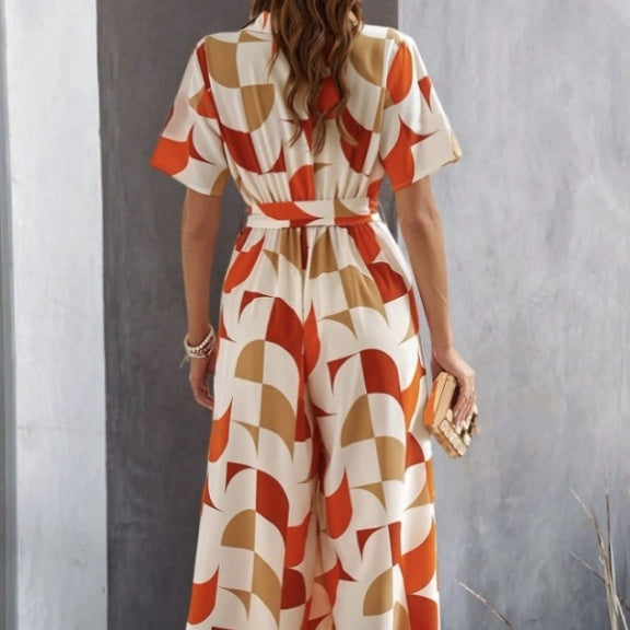 Geometric Printed Lace-Up Shirt Jumpsuit - US Only