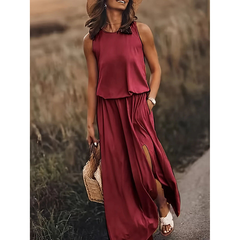 Pockets Sleeveless Crew-Neck Maxi Dress - US Only