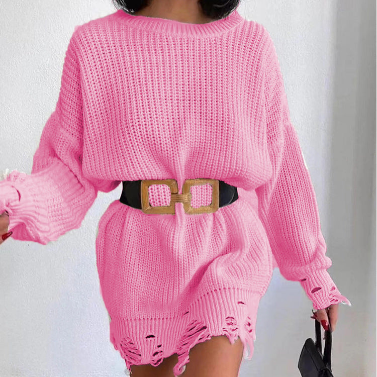 Round-Neck Long-Sleeve Burrs Loose Knitted Pullover Sweater Dress