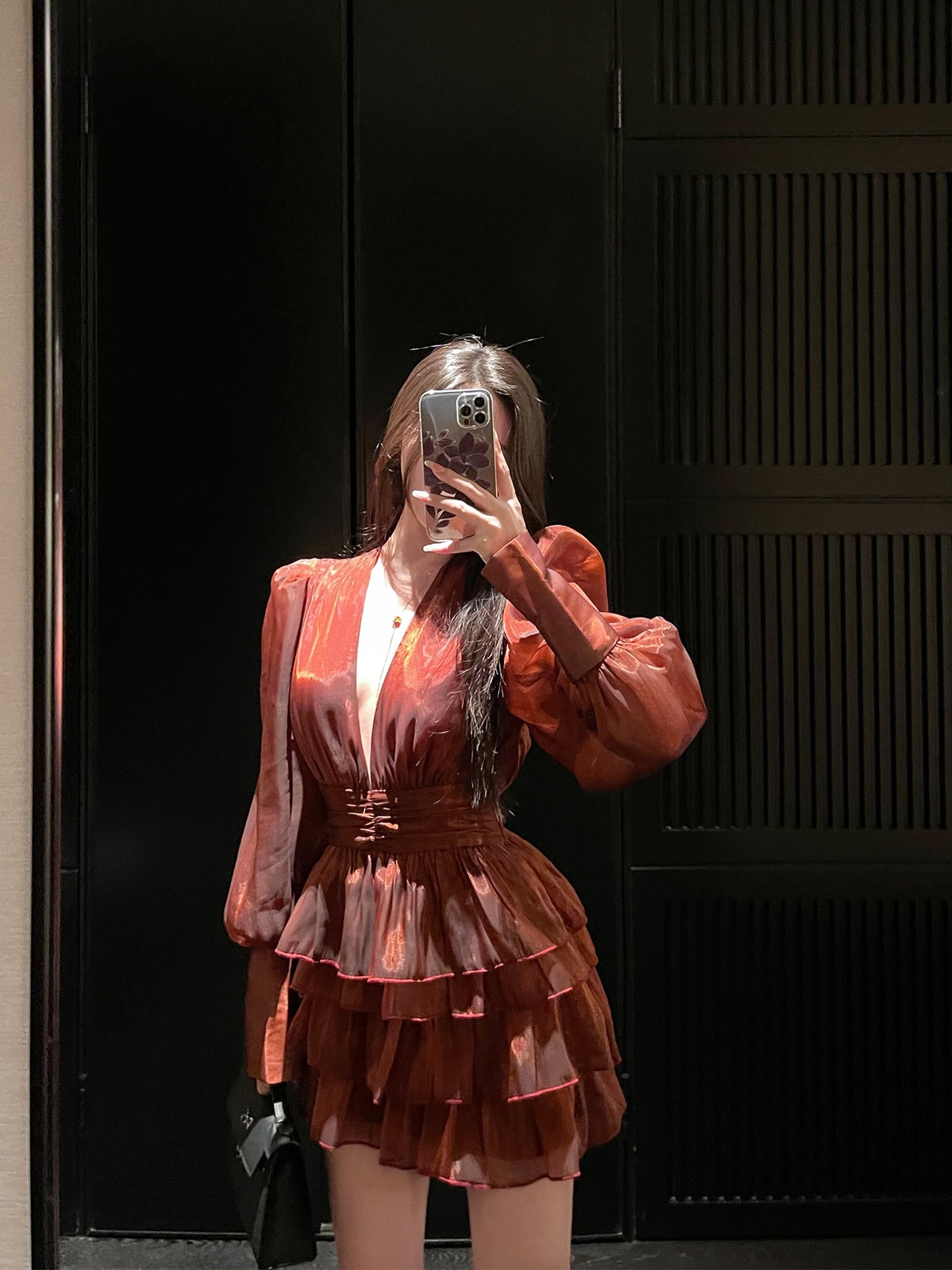 Slim Bubble-Sleeve Ruffled Mini Dress