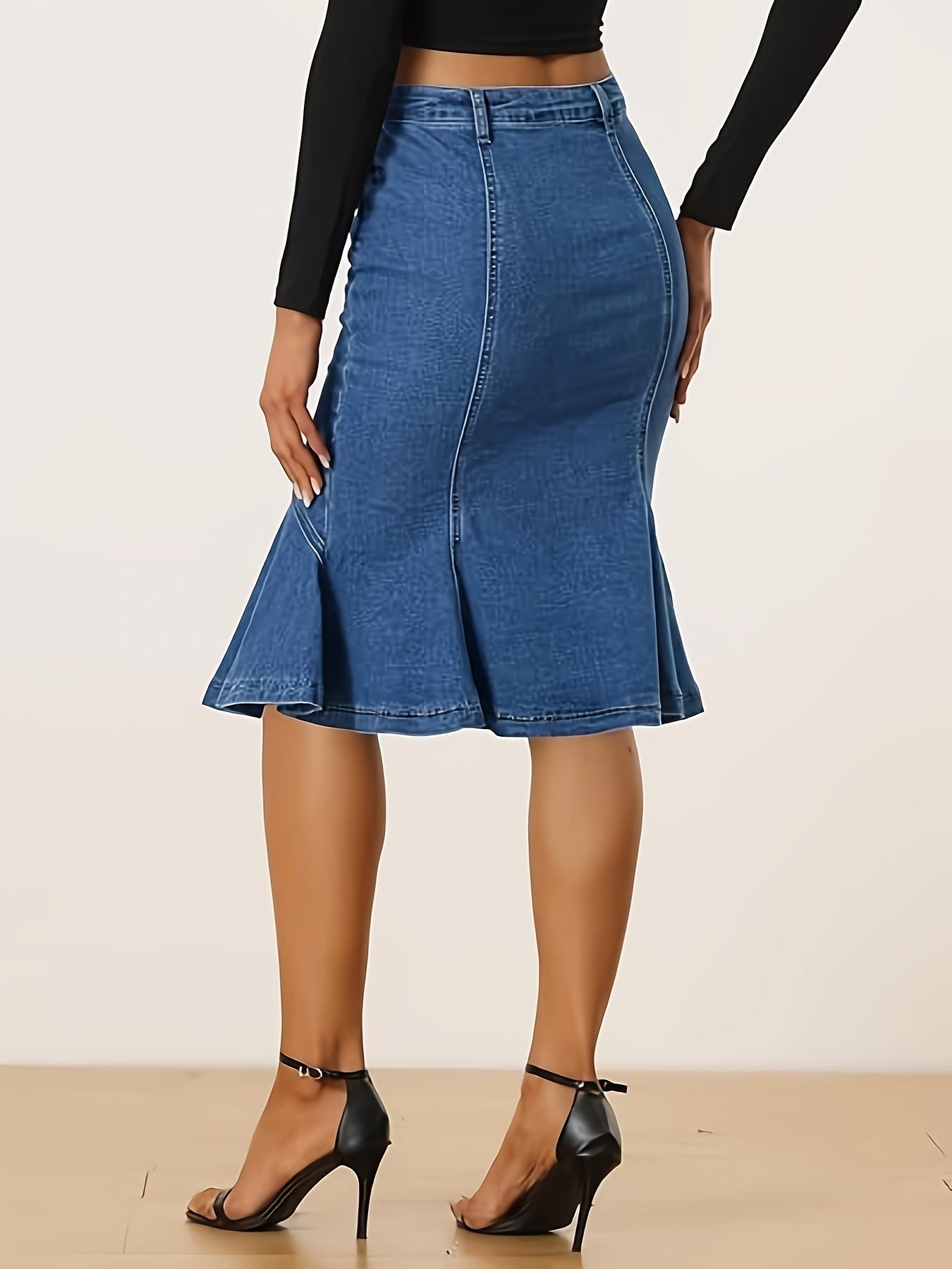 Plain Washed Blue Ruffled High-Rise Bodycon Denim Skirt