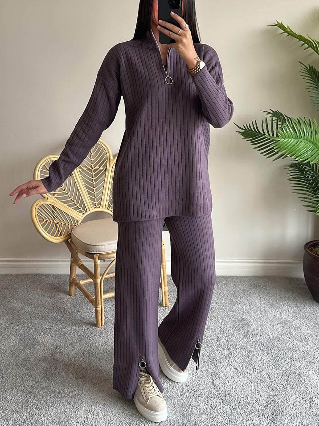 Zipper Knitting Long Trousers Outfit