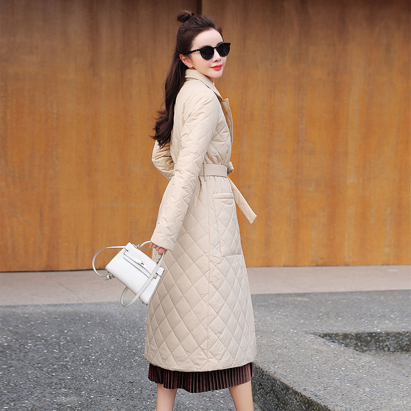 Mid-length Lightweight Cotton-padded Jacket Female Suit Collar Diamond Lattice Coat For Women