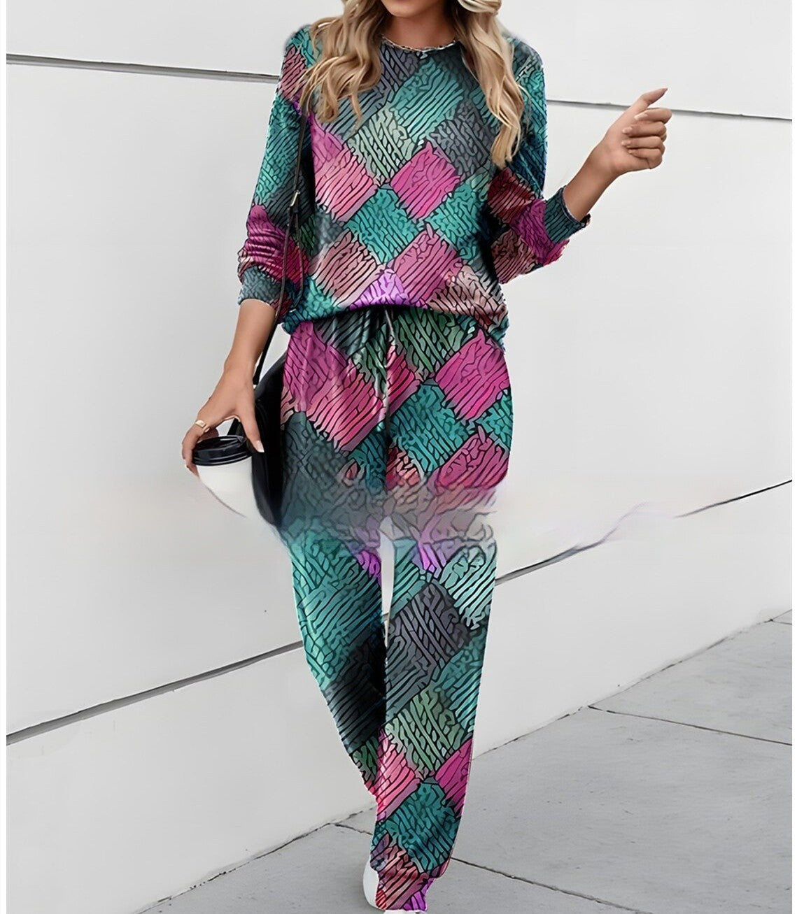 Round-Neck Printed Top + Trousers Casual Suit