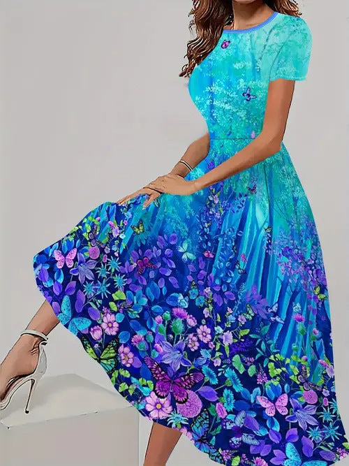Trendy Casual All-matching Floral Pattern Short Sleeve Round Neck Dress