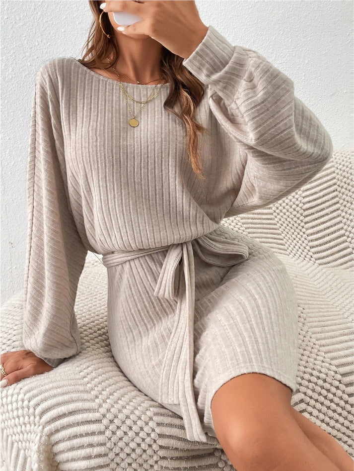European & American Style Belt Decorative Long-Sleeve Knitted Dress