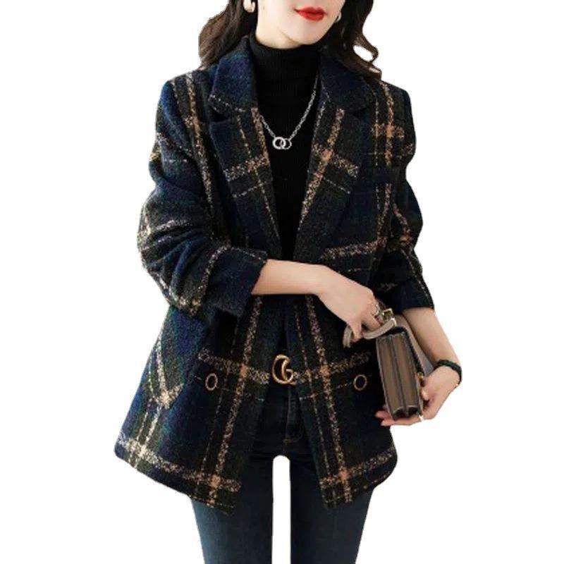 Slimming Retro Plaid Patchwork Coat - Wool Female Suit