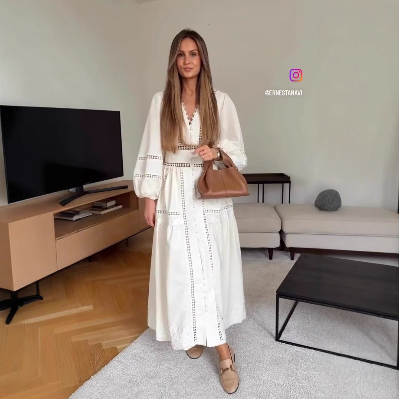 V-Neck Lace-Decorated Loose Dress