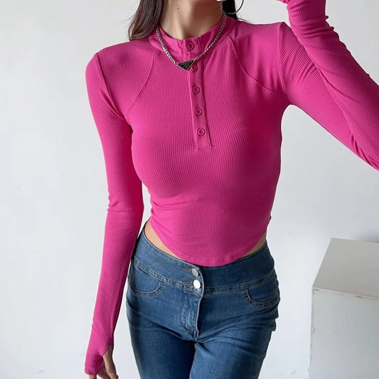 Velvet Stand-Collar Half-Cardigan Long-Sleeved T-Shirt