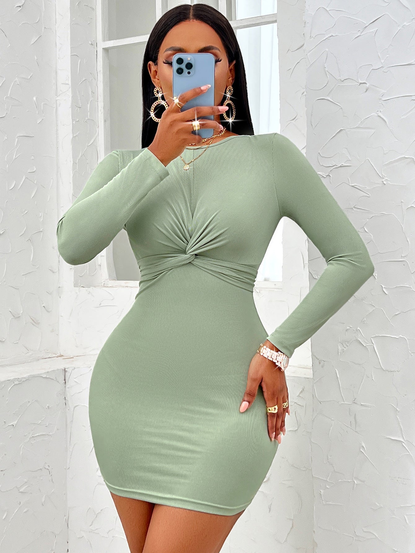 Casual Solid-Colour Round-Neck Twist Long-Sleeve Dress