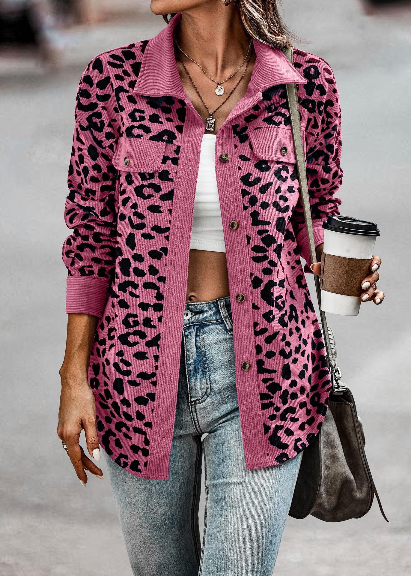 Leopard Print Corduroy Shirt Jacket