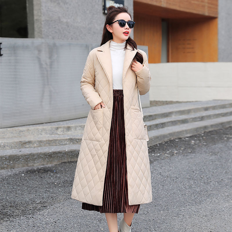 Mid-length Lightweight Cotton-padded Jacket Female Suit Collar Diamond Lattice Coat For Women