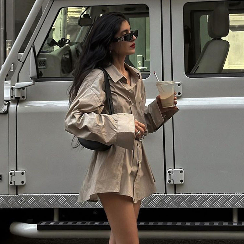 Loose Street Fashion High-Waist Lapel-Sleeve Dress