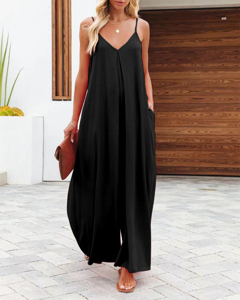 Women's Sling Wide-Leg Pants Solid-Colour Pocket Casual Jumpsuit