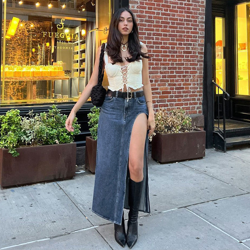 Hollow-Thigh Denim Long Skirt For Women