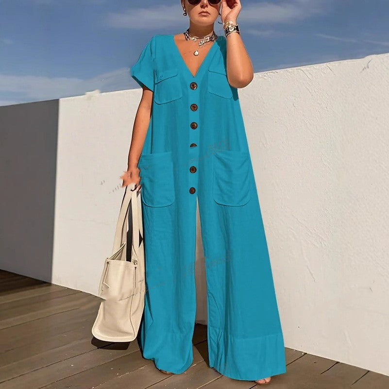Elegant Single-Breasted Pocket Jumpsuit