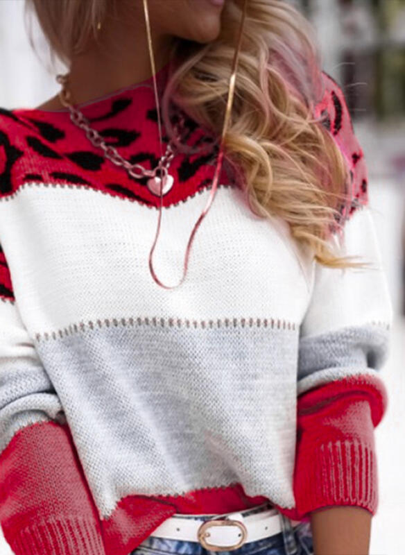 Colour-Block Leopard Print Round-Neck Women's Casual Sweater
