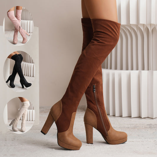 Elastic Suede Square-Heel Boots