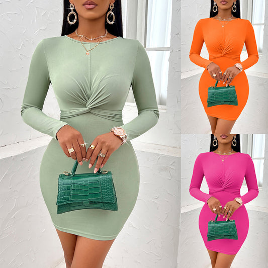 Casual Solid-Colour Round-Neck Twist Long-Sleeve Dress