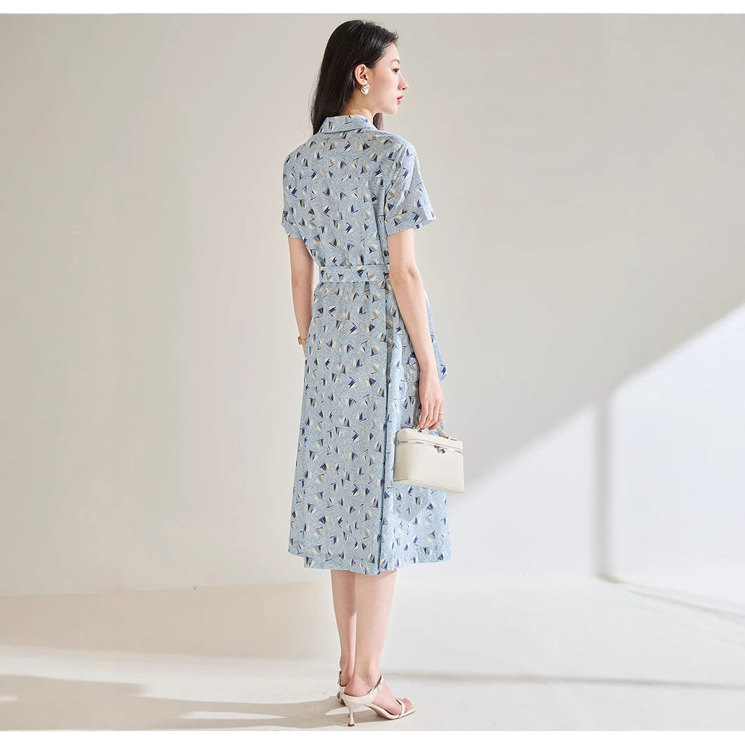 Anti-wrinkle Cotton Printed Blue Round Neck Long Dress