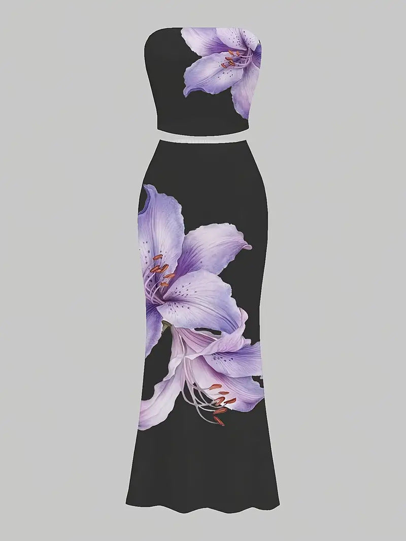 Sexy Form-fitting Two-piece Set Featuring A Floral Bustier Top And A Midriff-baring Bodycon Skirt