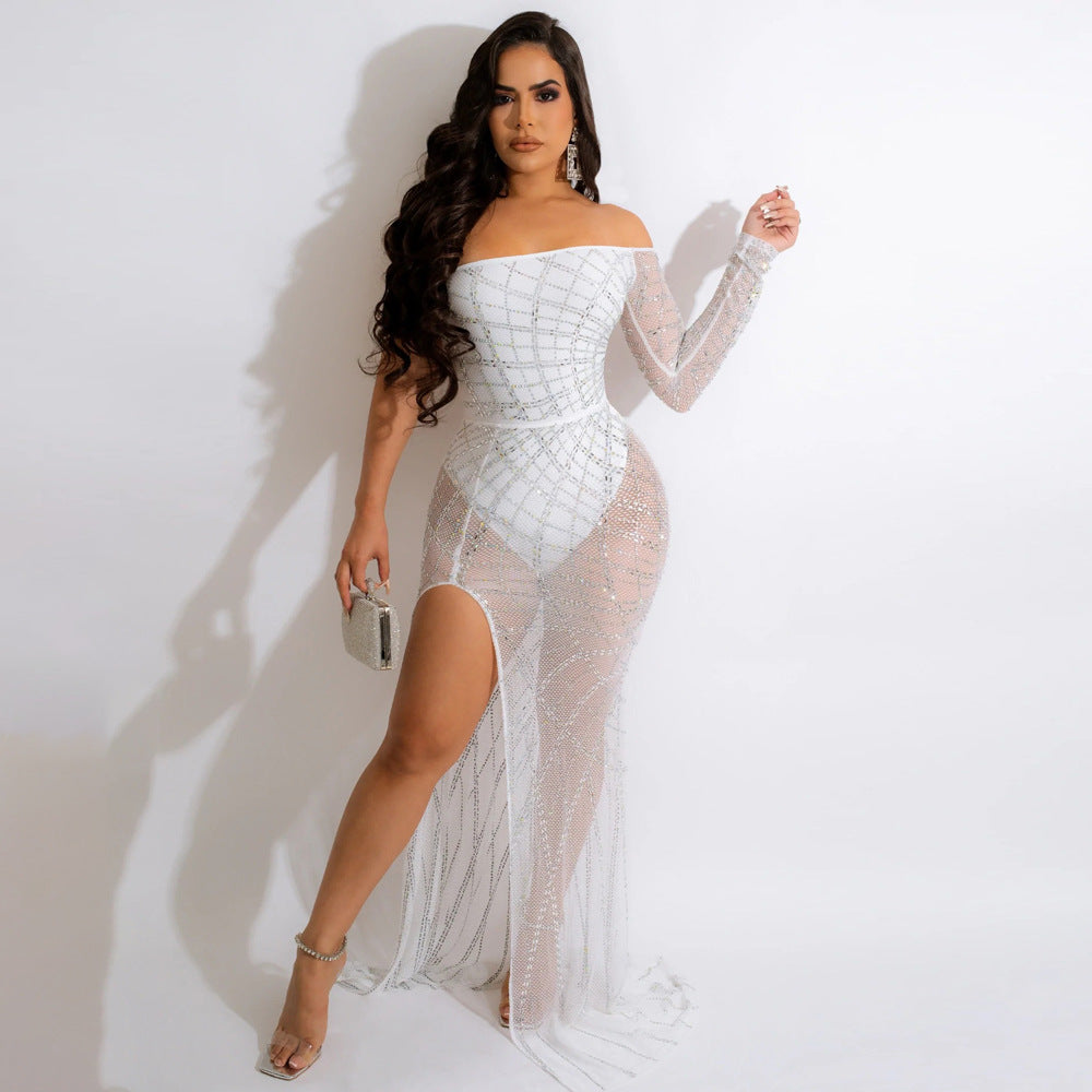 Off-the-Shoulder See-Through Hot-Drilling High-Slit Dress