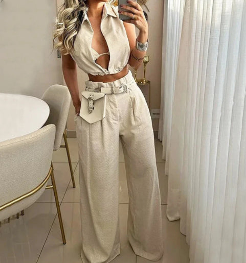 Lapel Solid-Colour Sleeveless Top Casual + Long Pants Set