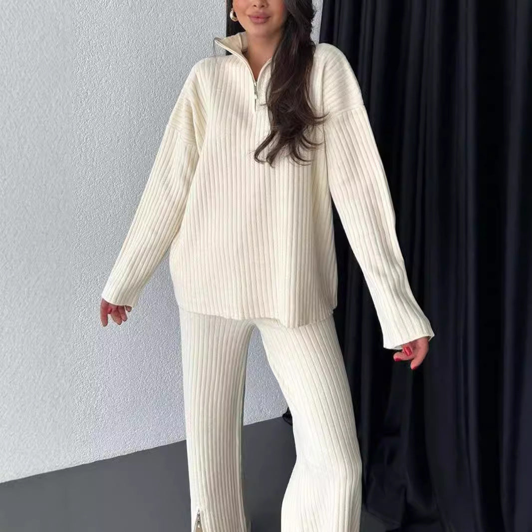 Zipper Knitting Long Trousers Outfit