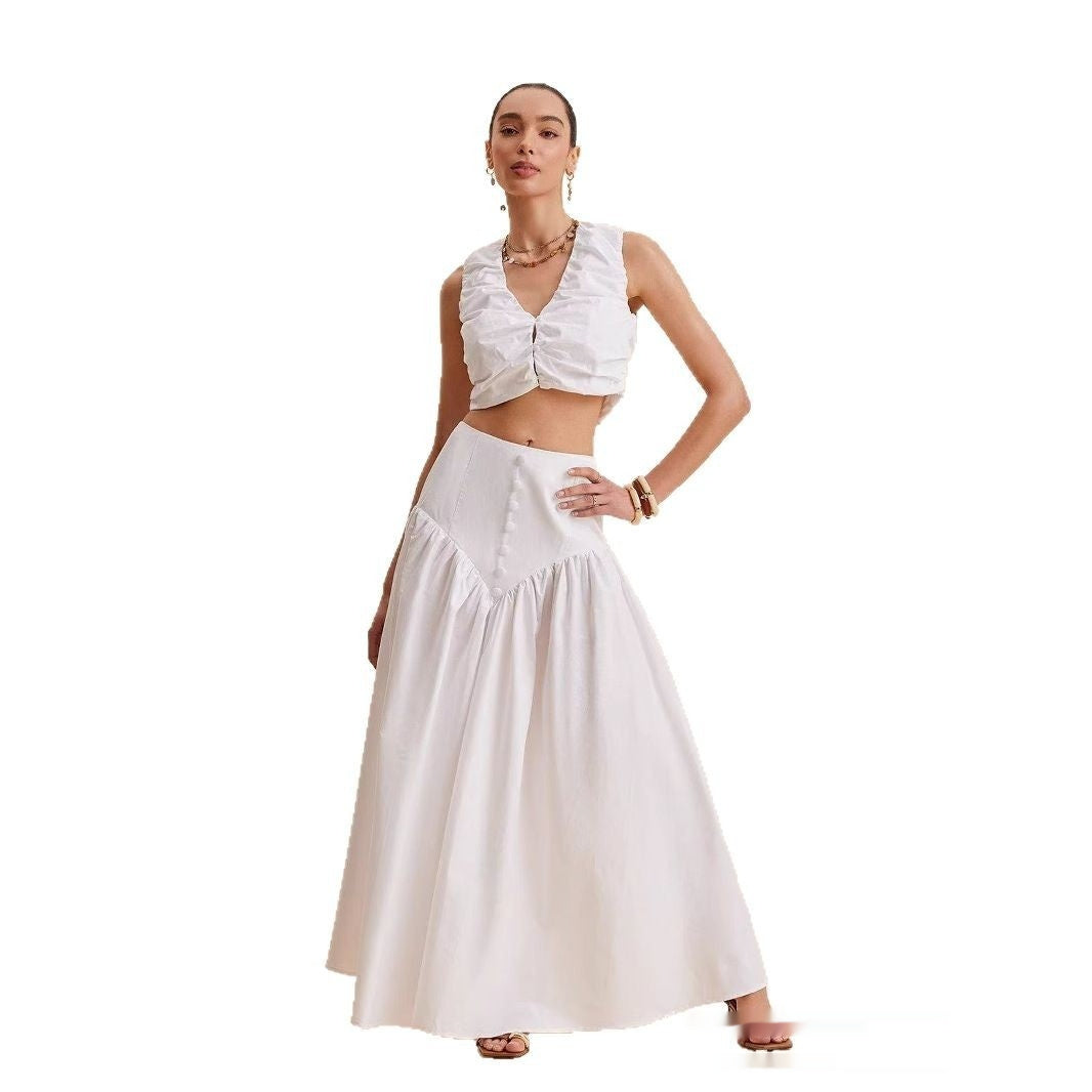 French White Stitching Clinch High-Waist Dress