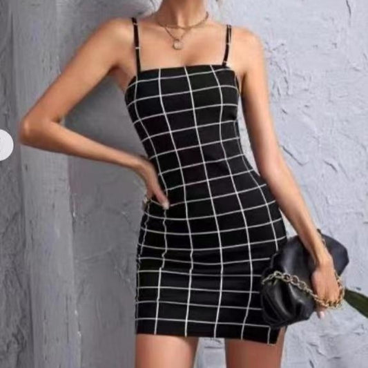 Retro Plaid Spaghetti-Strap Bodycon Mini Dress