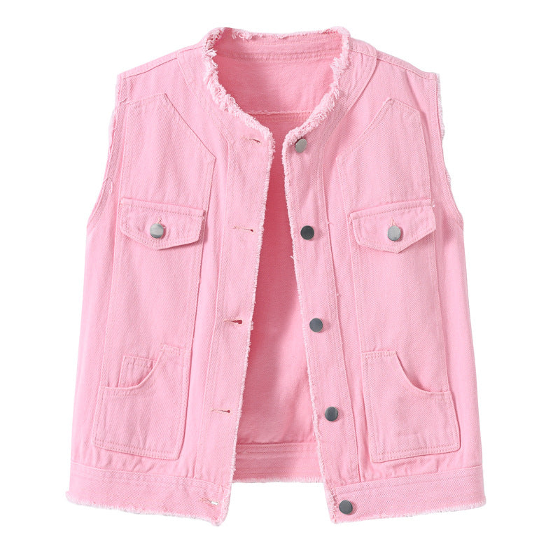 Candy-Colored Sleeveless Waistcoat With Raw Hem Womens Top