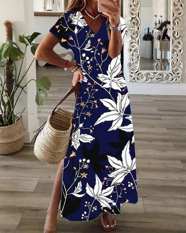 Loose Digital Print V-Neck Short-Sleeve Dress For Women