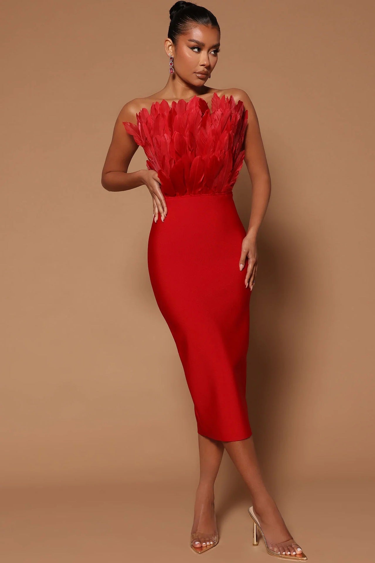 Feather Stretch Slim-Fit Bandage Tube-Top Dress
