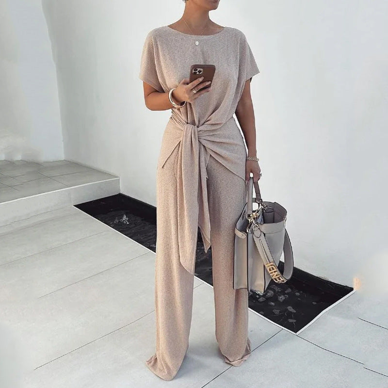 Knitted Pleated Lace-Up Graceful & Fashionable Pants Suit