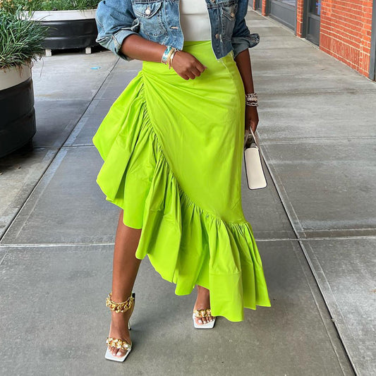 Solid-Colour Irregular Ruffled Skirt