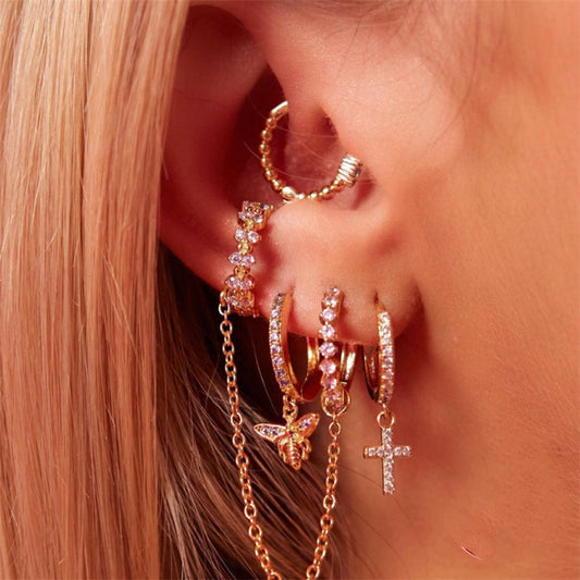 Women's Crystal Hoop & Gold Chain Connected With Matching Cuff Earrings