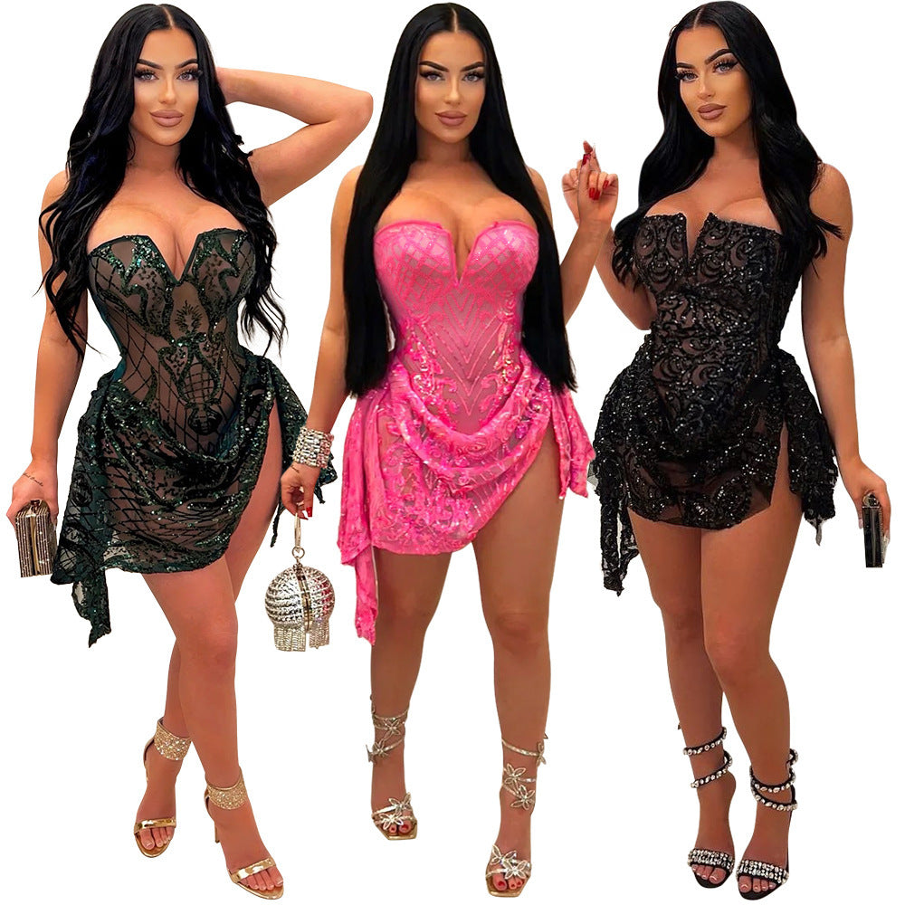Tube-Top See-Through Sequins Mini Dress