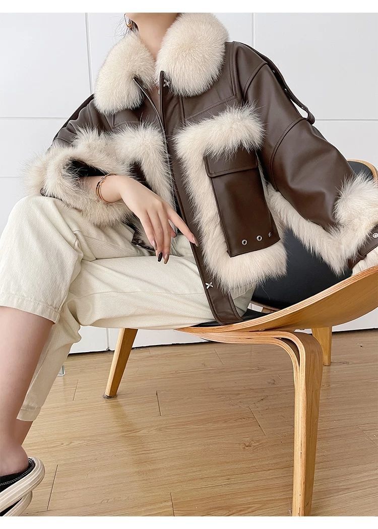 Fox Fur Stitching Leather Coat