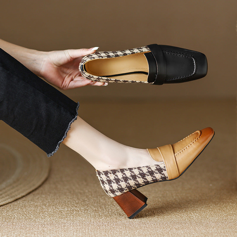 Square-Head Thick Middle-Heel Shoes