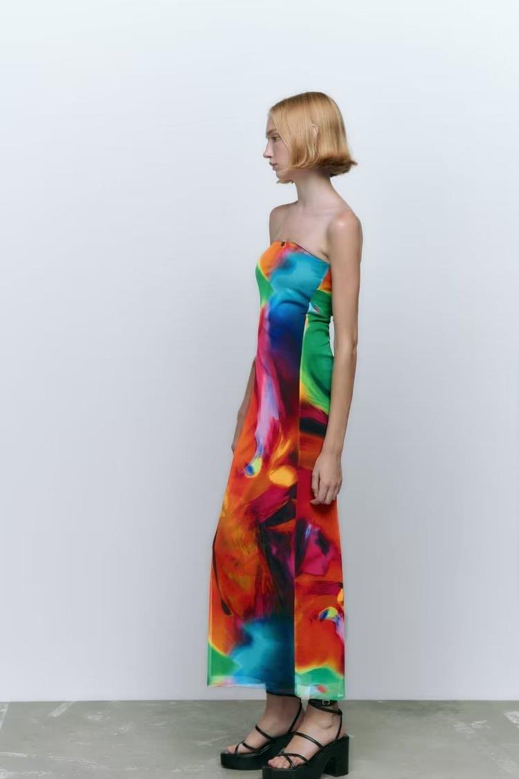 Bandeau Slim-Fit Printed Silk Net Dress