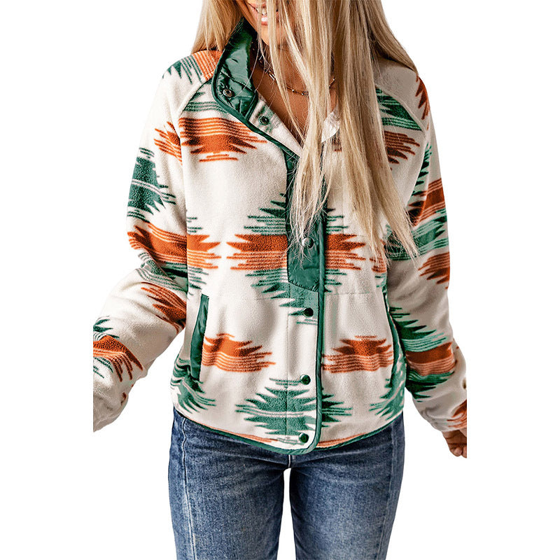 Women's  Colour-Contrast Printed Fleece Coat