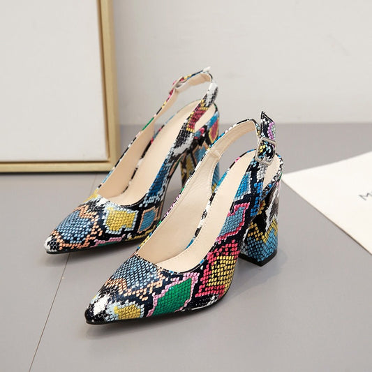 Snake Print Thick-Heel Pointed Shoes For Women