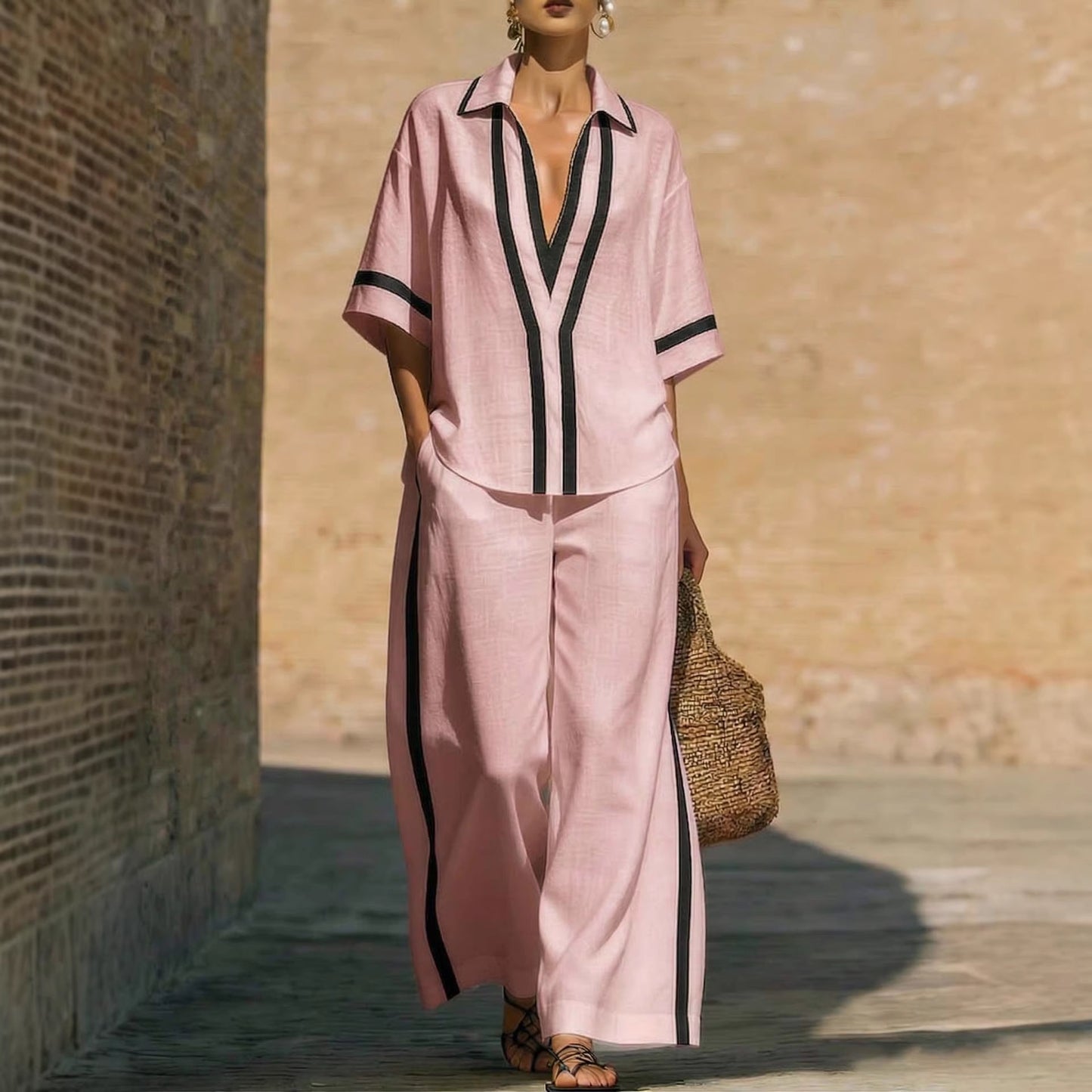 Fashionable Loose Casual Color-Block Short-Sleeve Shirt And Wide-Leg Pants Two-Piece Set