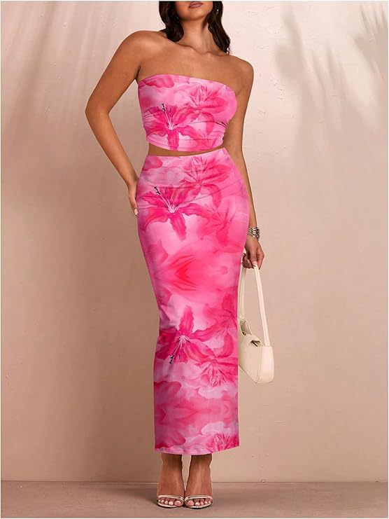 Sexy Form-fitting Two-piece Set Featuring A Floral Bustier Top And A Midriff-baring Bodycon Skirt