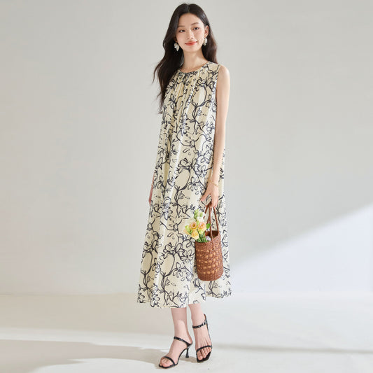 Printed Loose Round Neck Vacation Style Sleeveless Dress