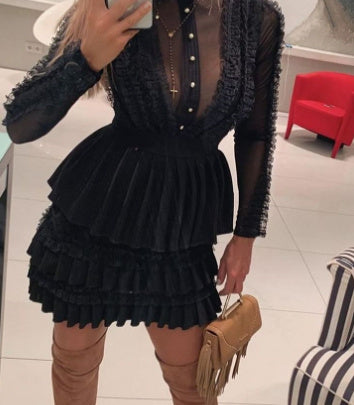 Black Mesh Lace Mini Dress