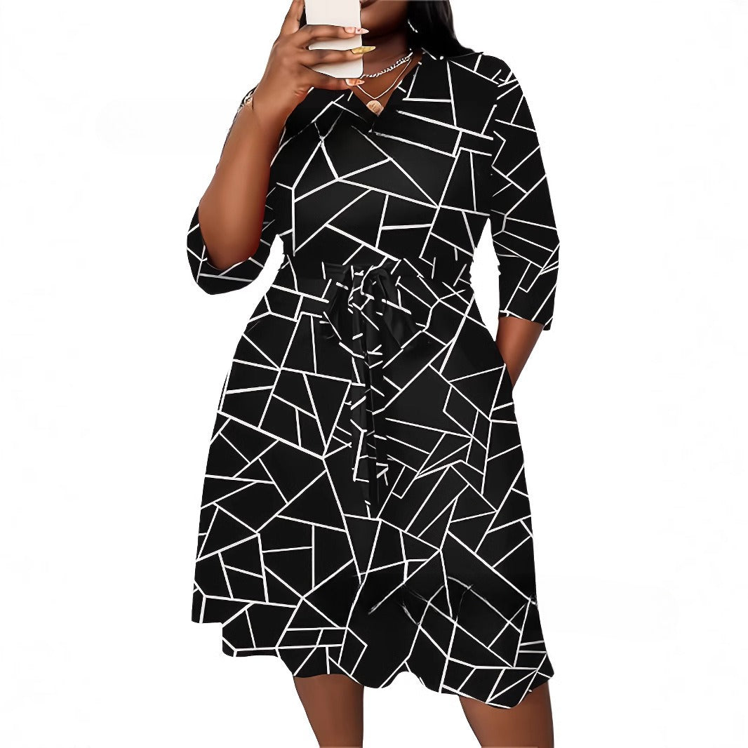 Print Casual Elegant V-Neck Midi Dress - Large Sizes