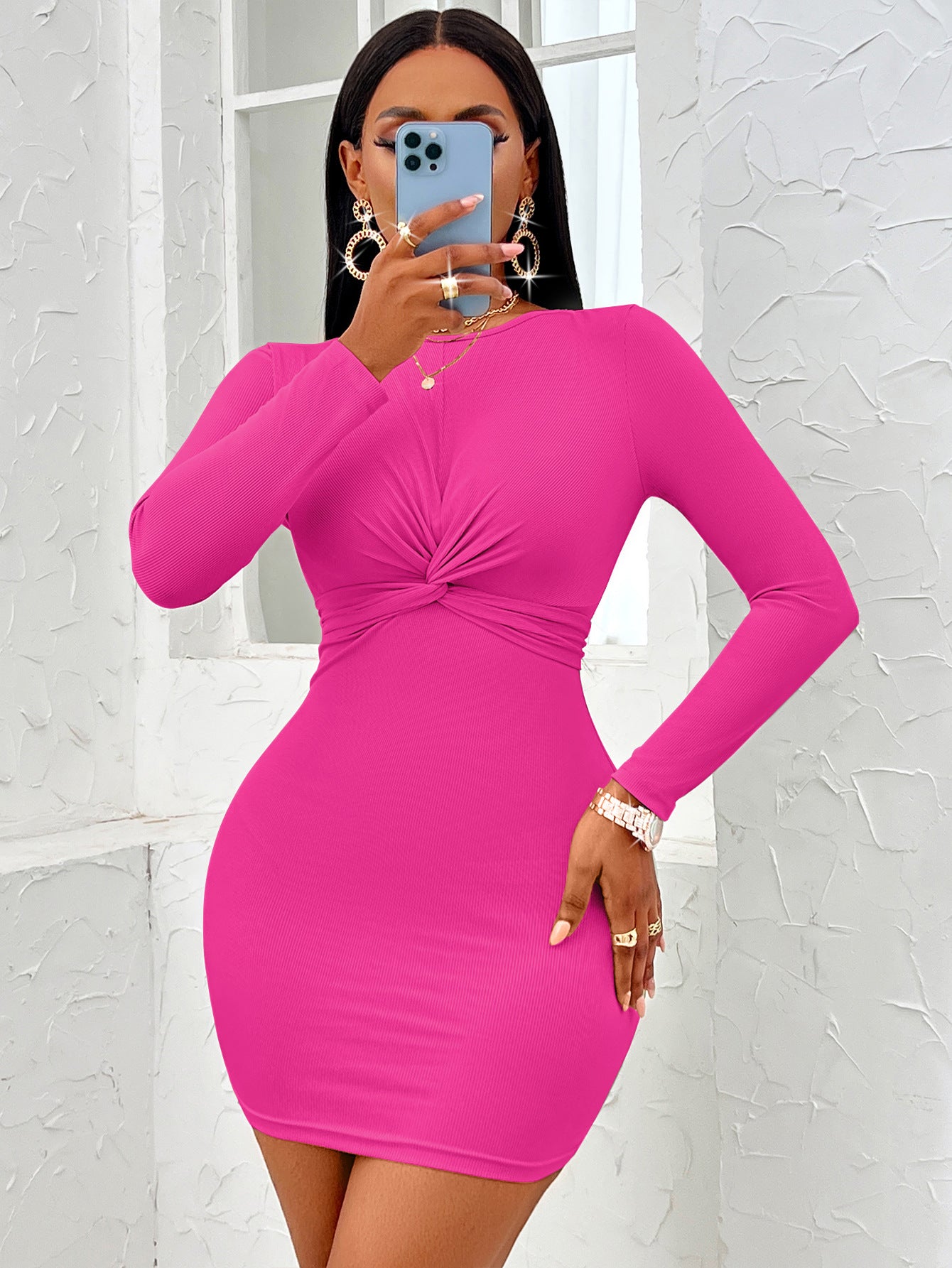 Casual Solid-Colour Round-Neck Twist Long-Sleeve Dress