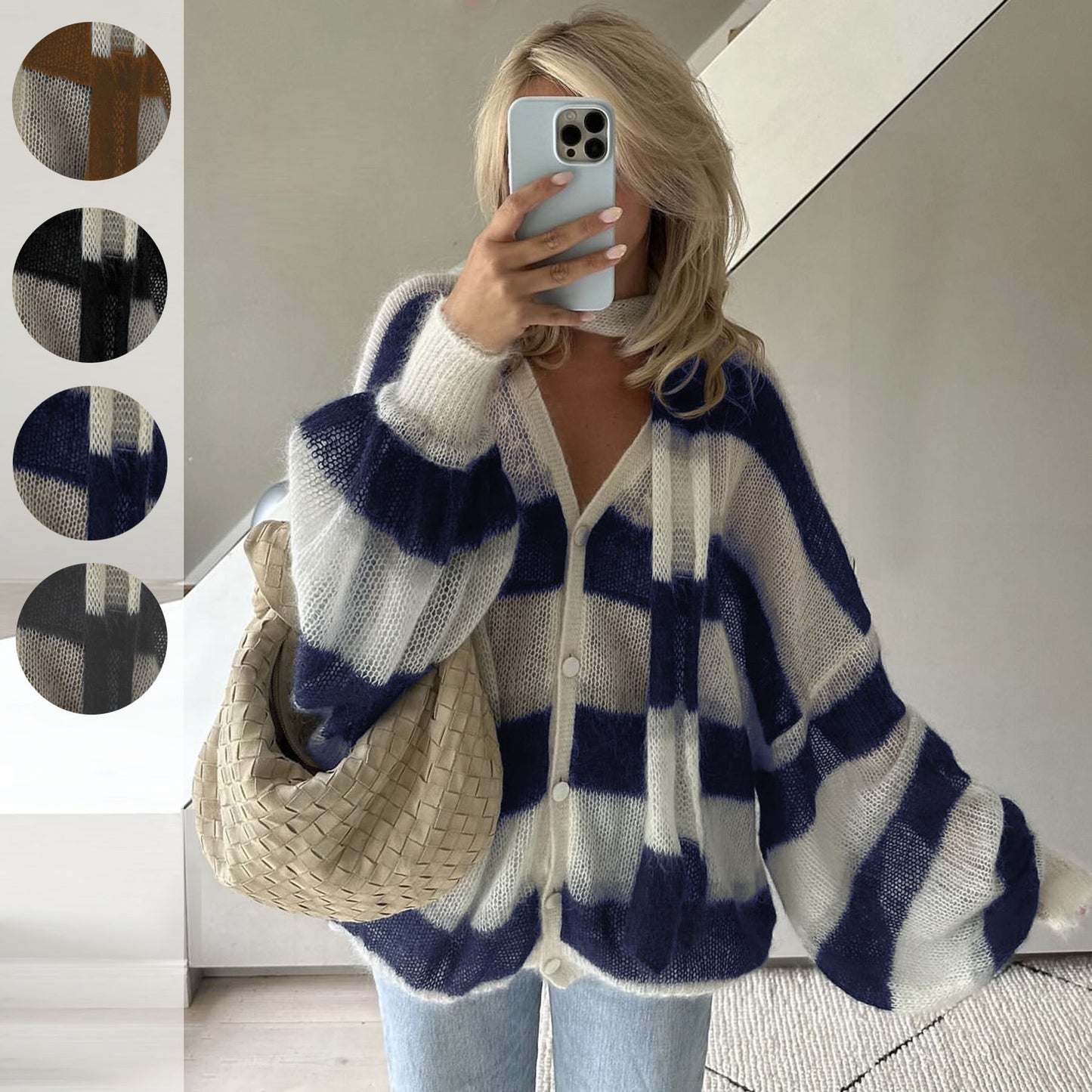 Loose Idle Striped Sweater Cardigan With Scarf